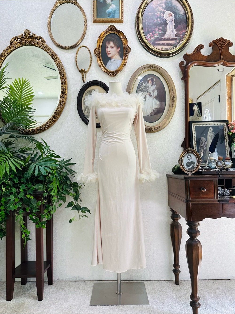 Ivory Feather-Trim Off-Shoulder Midi Dress
